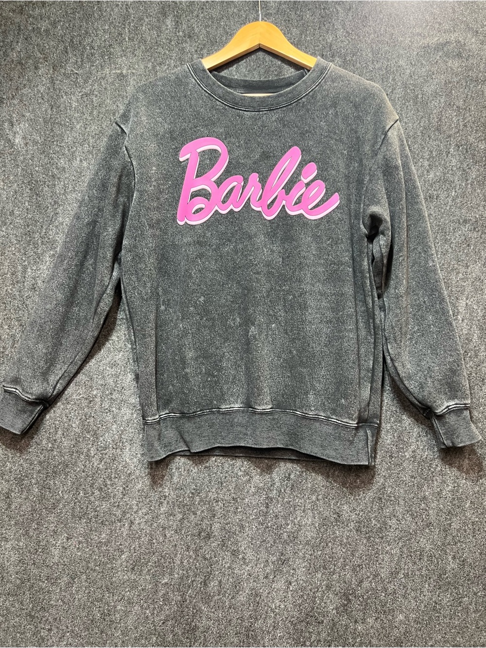 Barbie (acid wash dark grey) Crewneck with Pink Script Logo